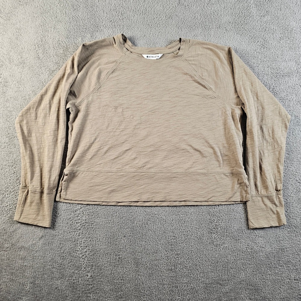 Athleta Womens Tan Brown Slub Cotton Long Sleeve Cropped Top S Boxy